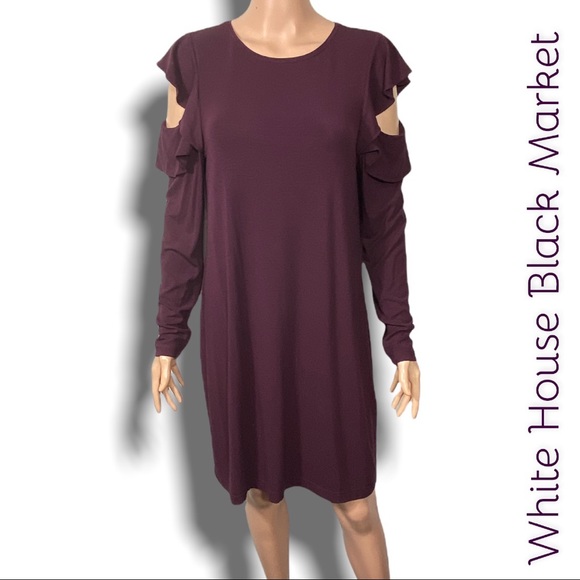 White House black market ruffle cold shoulder sheath dress Large cabernet color - Picture 3 of 9